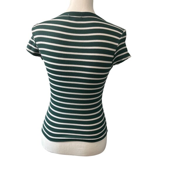 Womans Juniors Green & White Striped Fitted Short Sleeve Ribbed Tee Size Medium - Picture 3 of 10